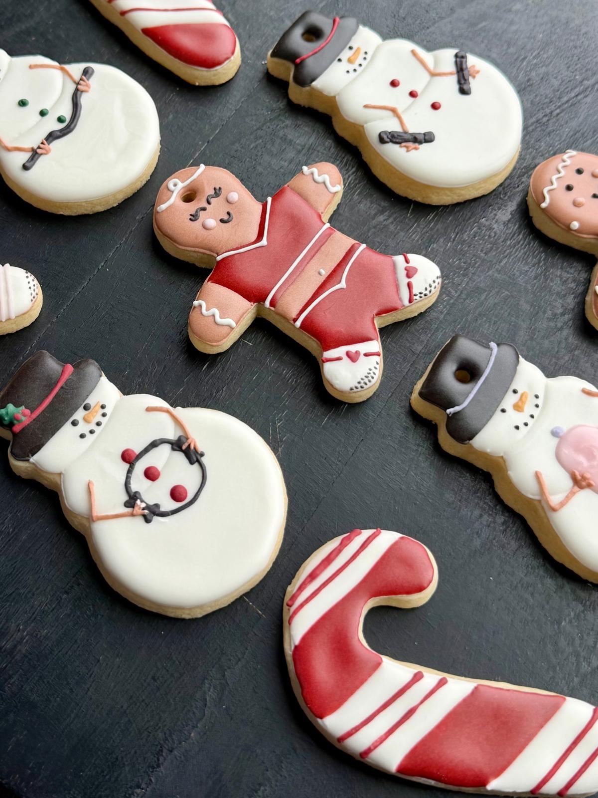 Holiday cookie close-up with gingerbread and snowmen